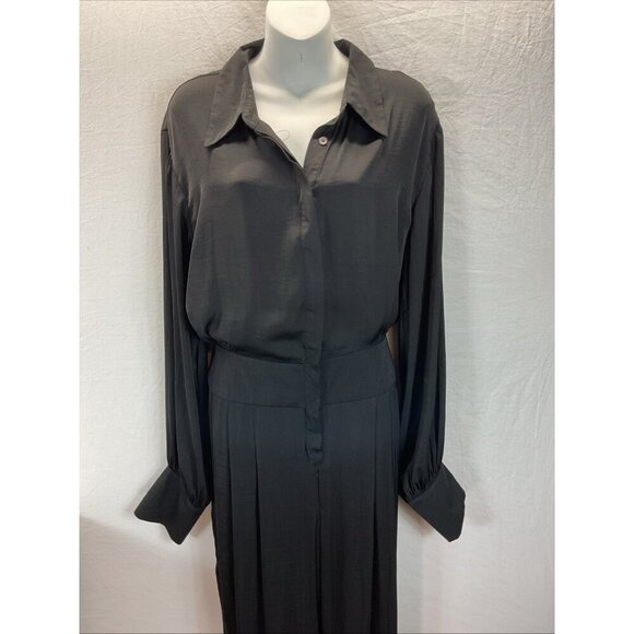 Free People Black Satin long sleeve Jumpsuit Size LG button down - Picture 3 of 16
